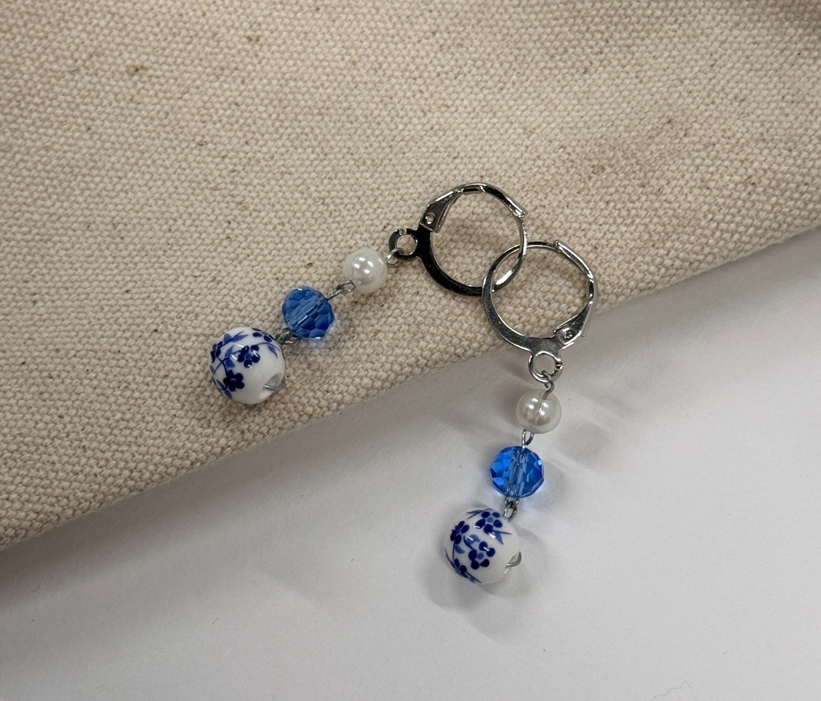 NEW Blue White Ceramic Round Bead & Silver Color Drop Earrings – Handcrafted