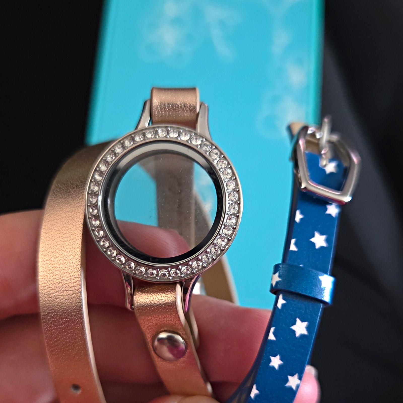 Origami Owl Rose Gold Wrap W/ Silver Med Locket & Addition Blue With Stars Wrap