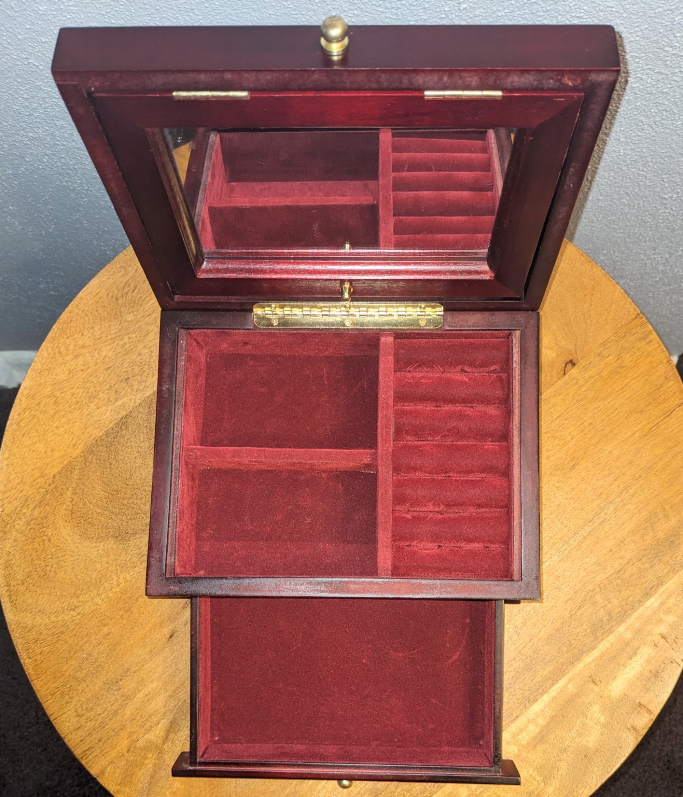 Wooden Jewelry Box Hinged Mirror Velvet Lined 2 Compartments Pull Out Drawer