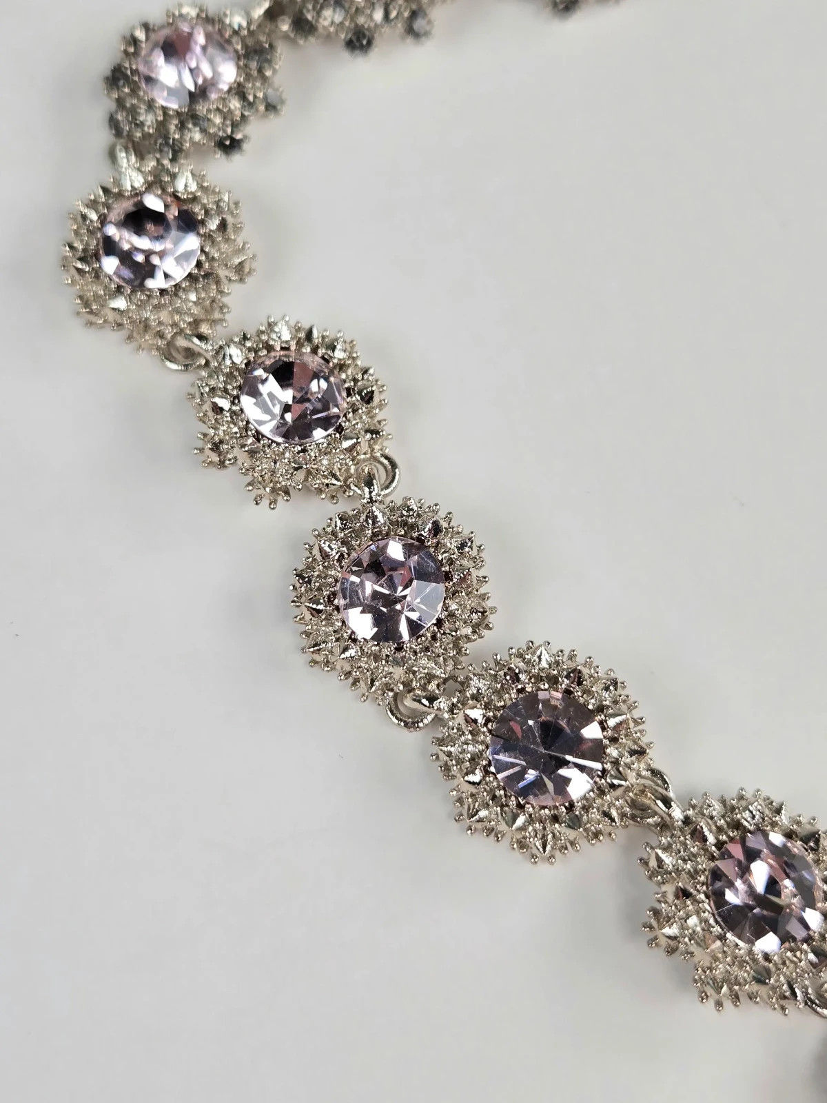 Pink Rhinestone Necklace Victorian Style 16 In Statement Special Occasion Silver