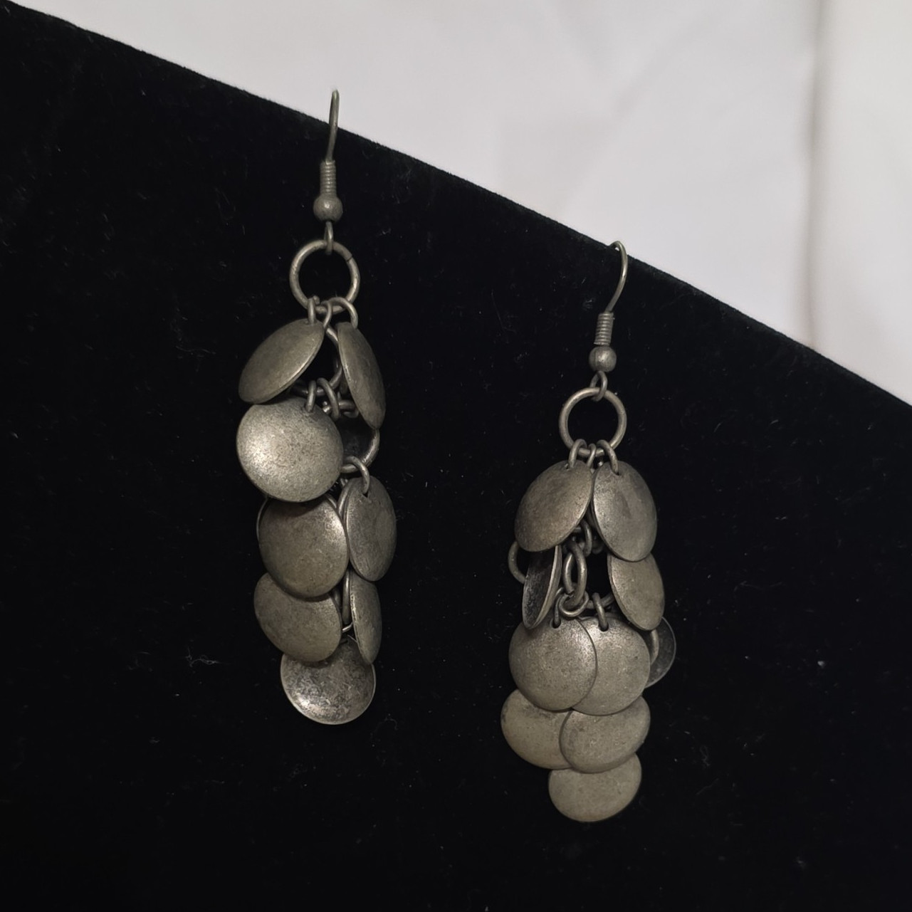 Silver Tone Disc Cluster Dangle/Drop Hook Earrings, No Stone Metal Pair