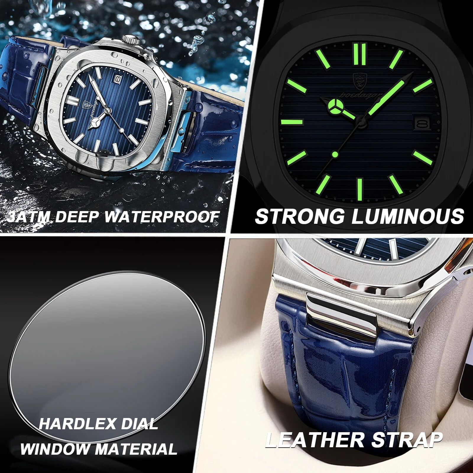 Reloj de pulsera de lujo cuadrado para hombre, resistente al agua y luminoso