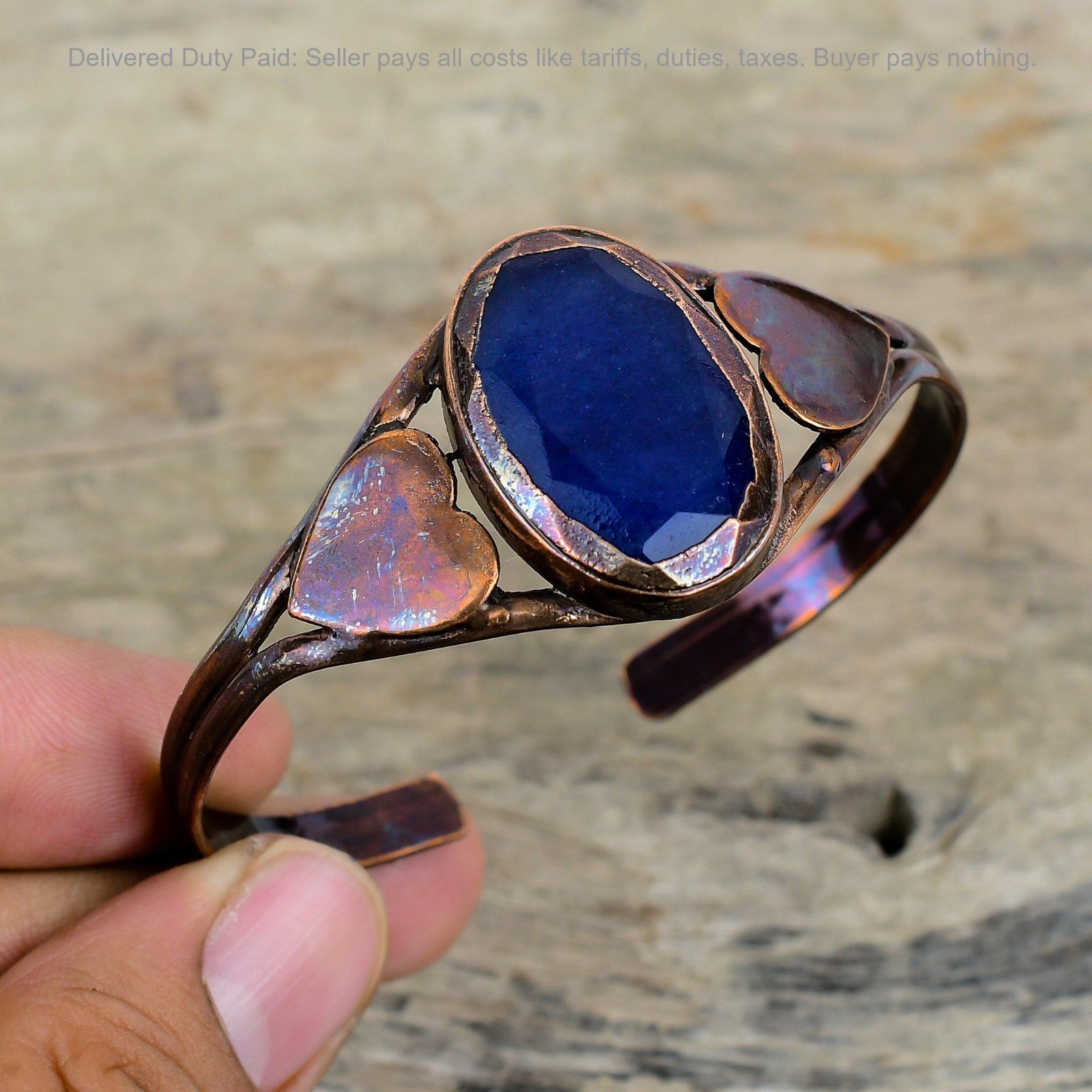 Copper Blue Saphire Gemstone New Electroformed Heart Bezel Mother Bangle Jewelry