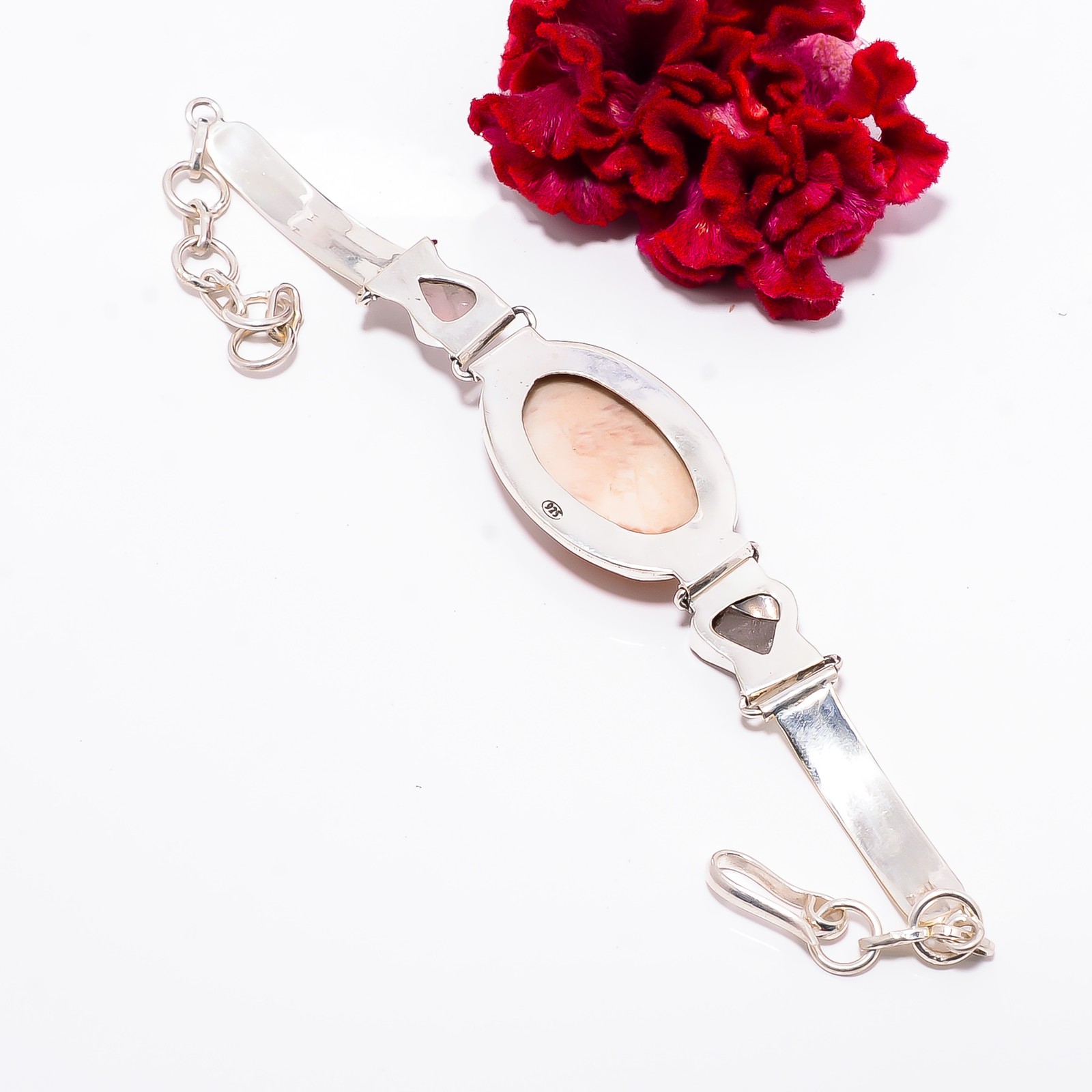 Orange Scolecite – India & Pink Rose Quartz 925 Silver Bracelet 7.99″ B10010959