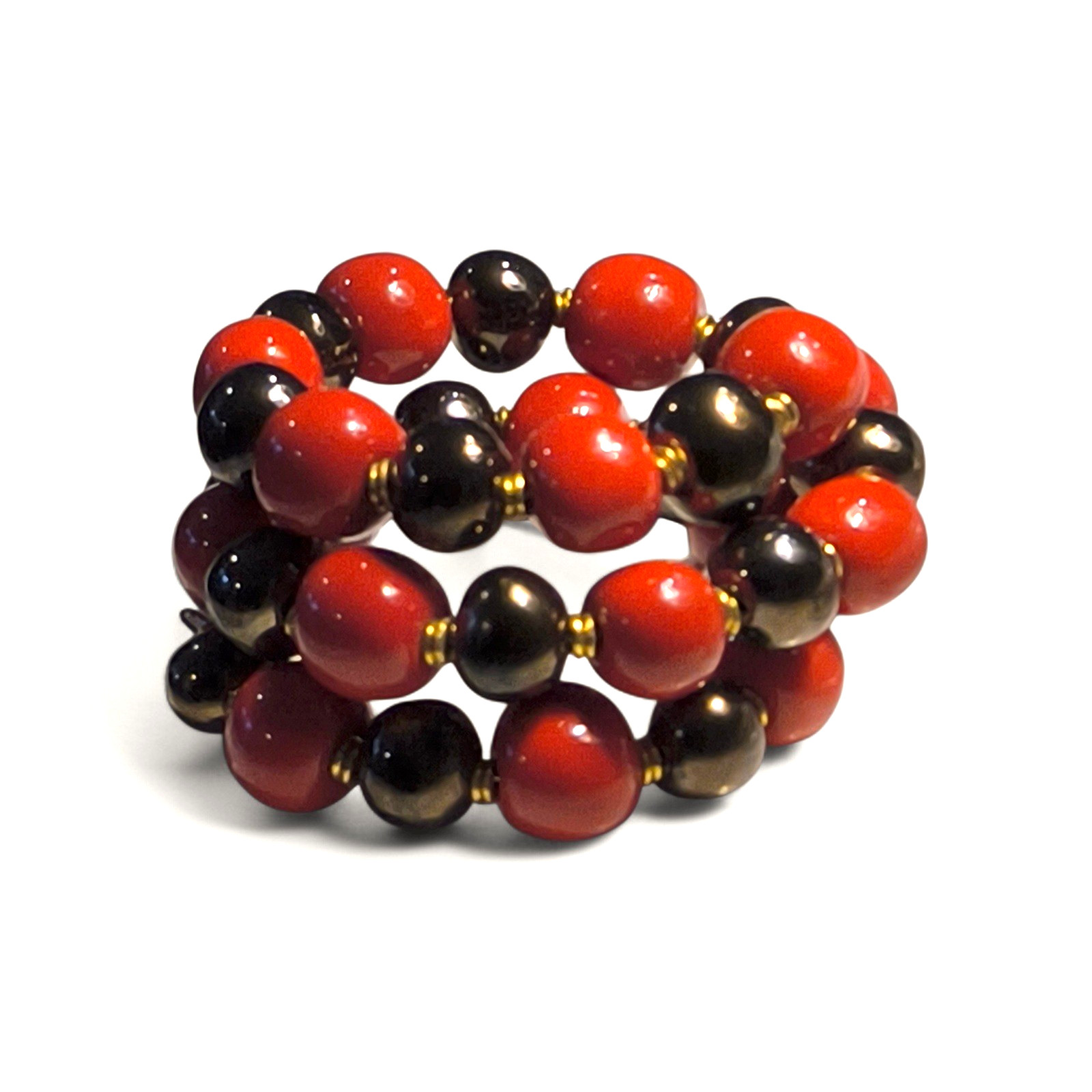 Hematite & Red Bead Memory Wire Wrap Bracelet Gold Tone Stack Statement