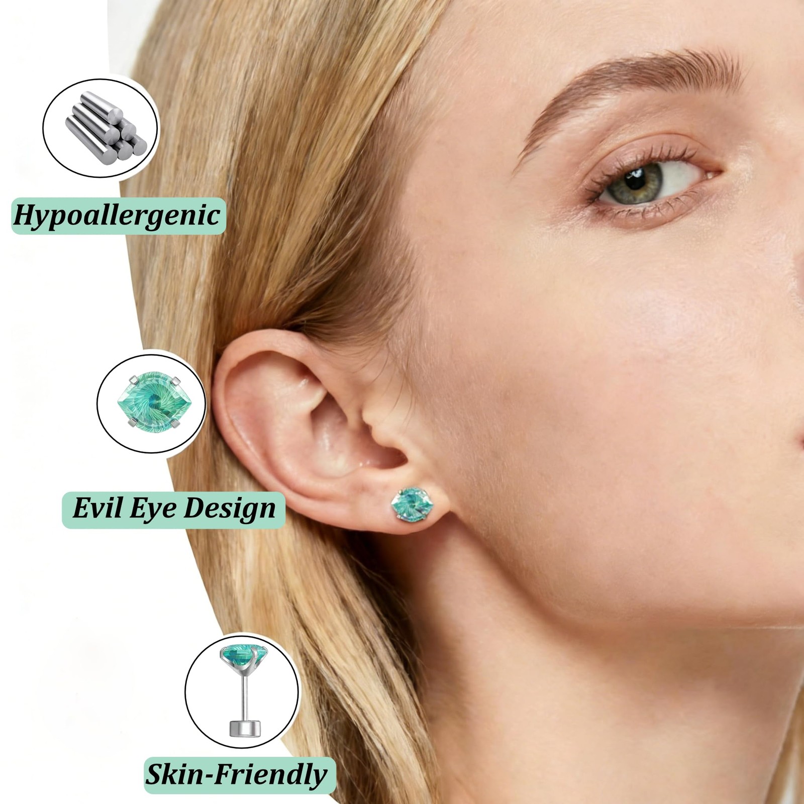 Titanium Evil Eye Flat Back Earrings, Emerald 20G (0.8mm), Green