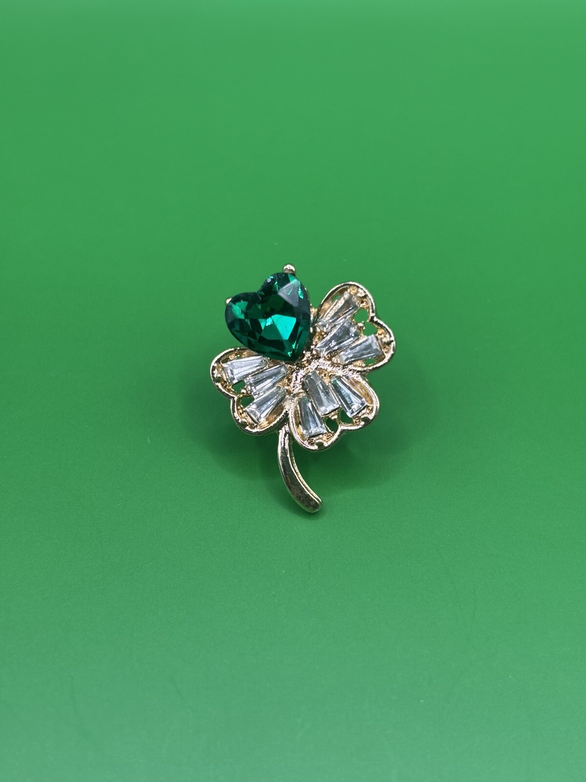 Gold Tone Heart Clover Shamrock Rhinestone Pin