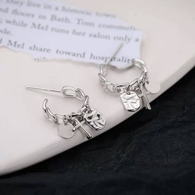 925 Silver Cross Charm Chain Hoop Earrings Vintage Dangle Huggie Earrings 444