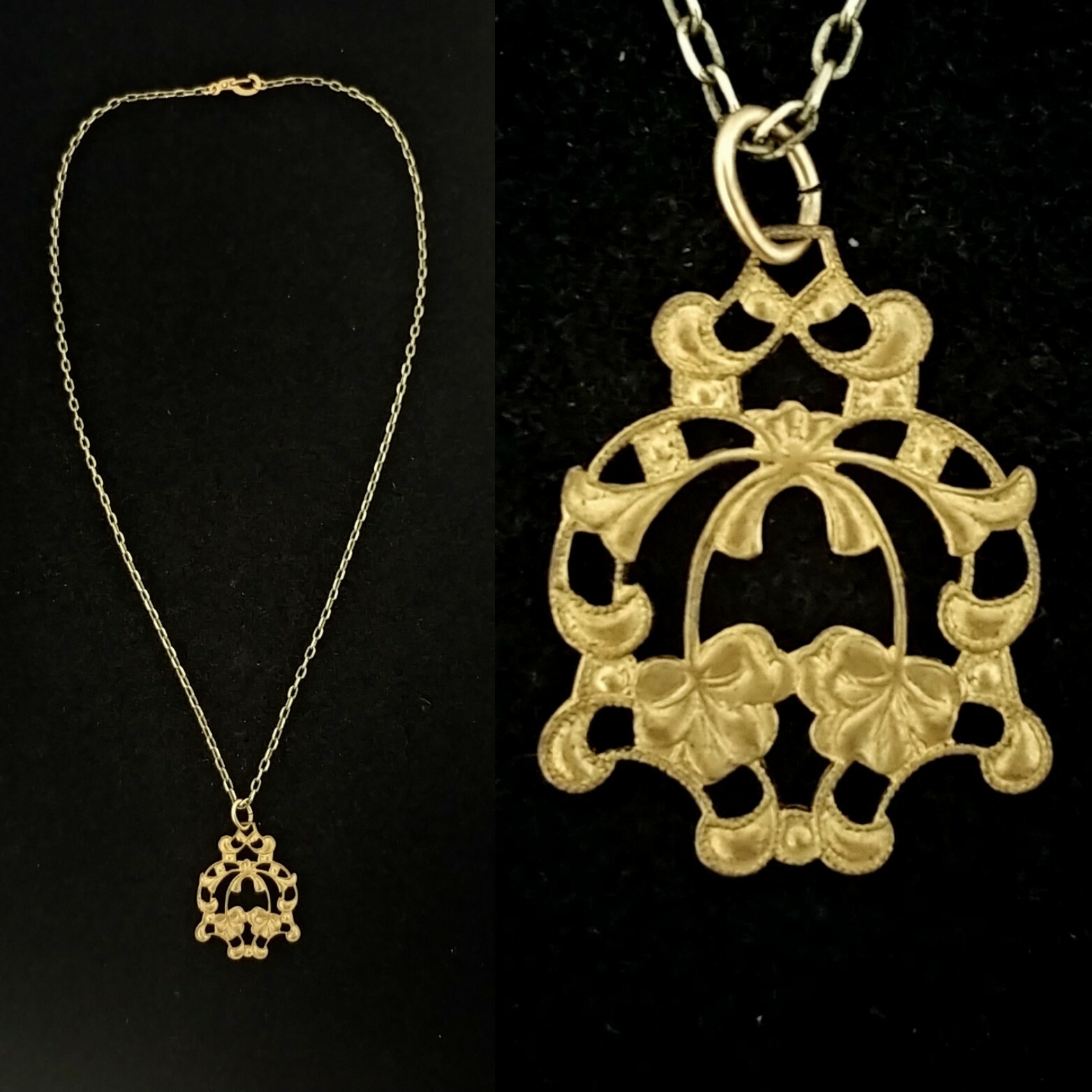 Vintage 1930s Flower Filigree Necklace Solid Brass Die Struck