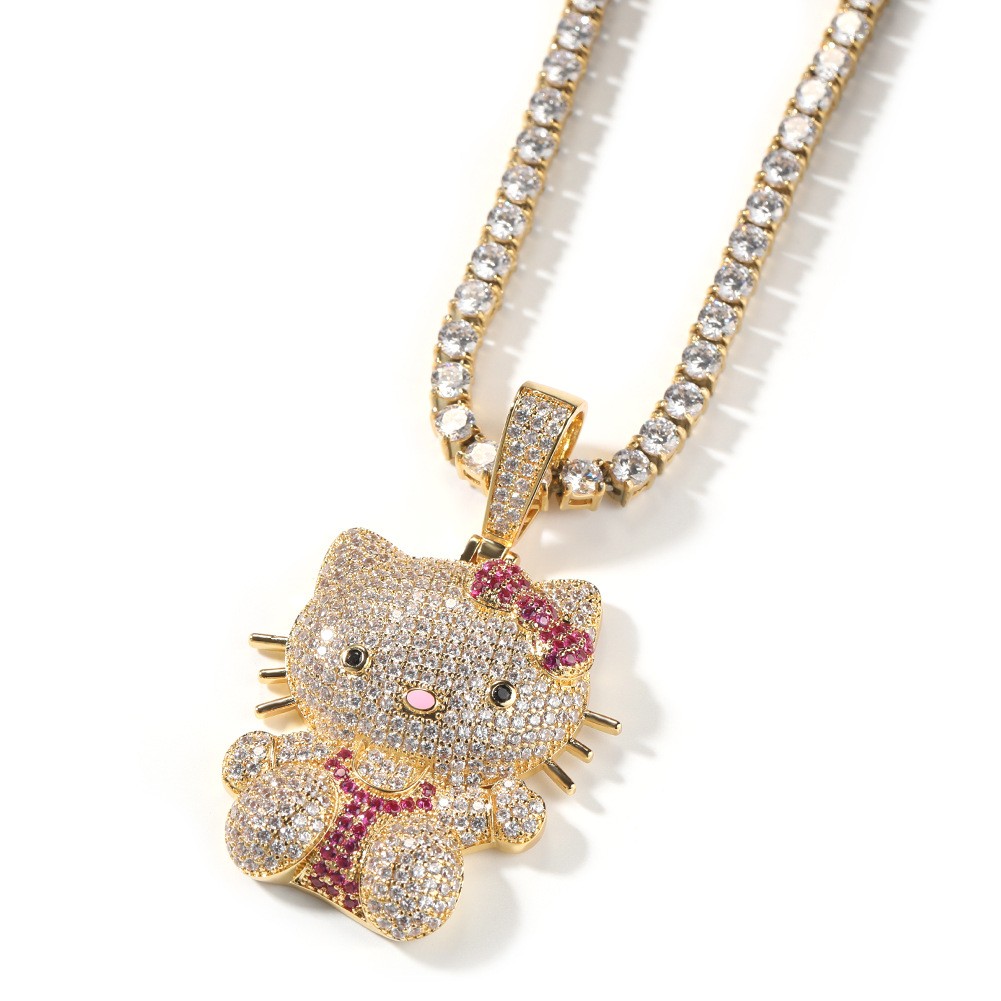 White Gold Plated 5A Iced Out Hello Kitty Pendant Men Chain Cartoon Jewelry Gift
