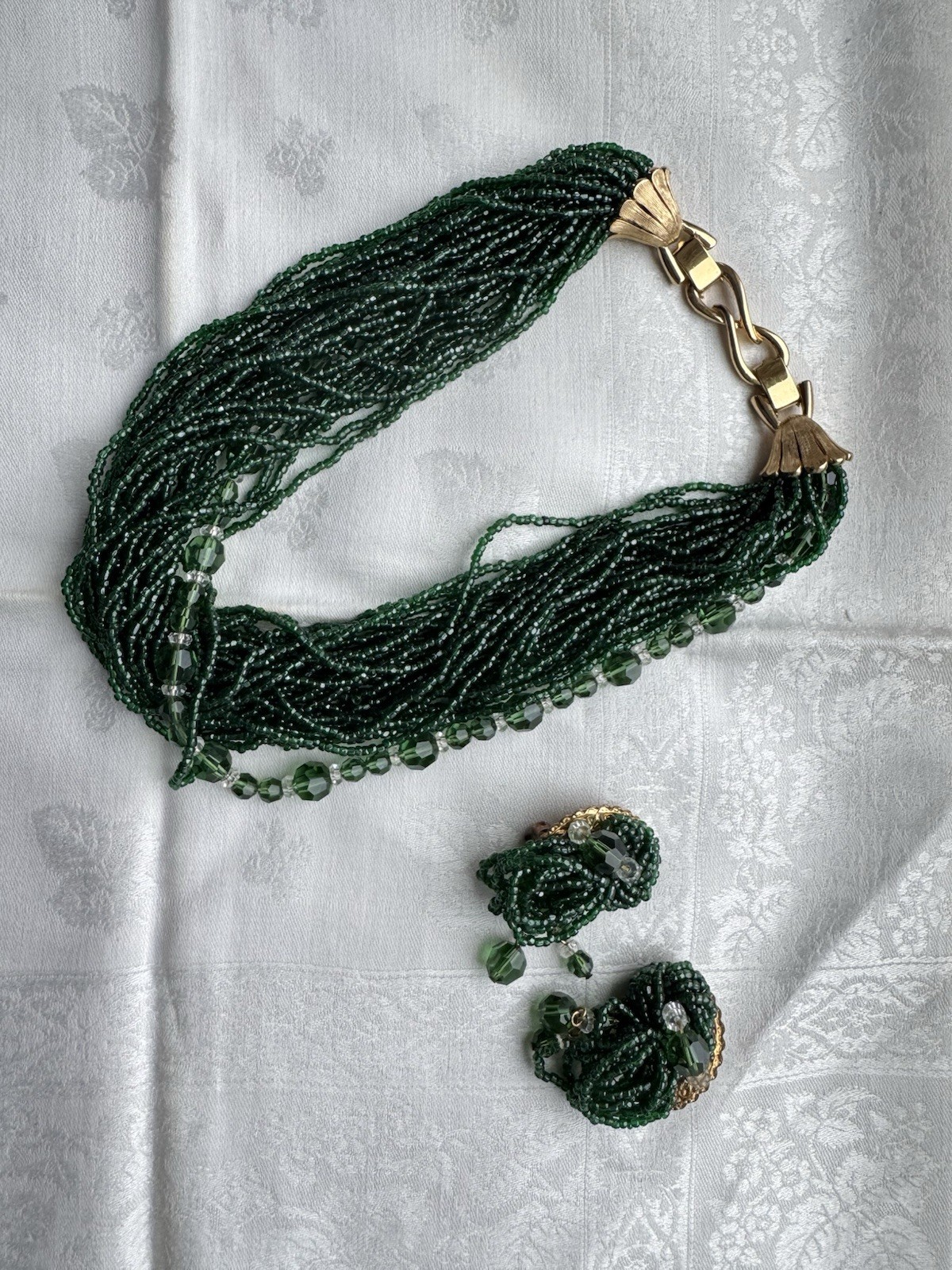 Rare Vtg Signed MARCEL BOUCHER Emerald Green Glass Seed Bead Demi Parure Set