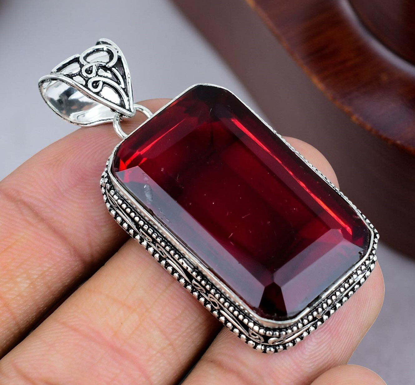 Mozambique Garnet Gemstone Handmade 925 Sterling Silver Jewelry Pendant 2.10″