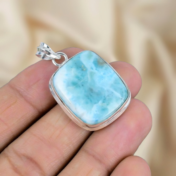 Natural Larimar Gemstone Silver Pendant 925 Sterling Silver Jewelry Pendant