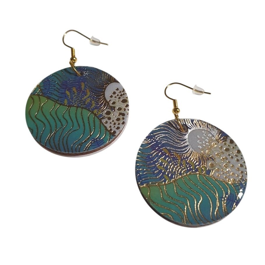 Handcrafted Round Dangle Earrings Blue Green Gold Wave Dangle Hook Boho Gift