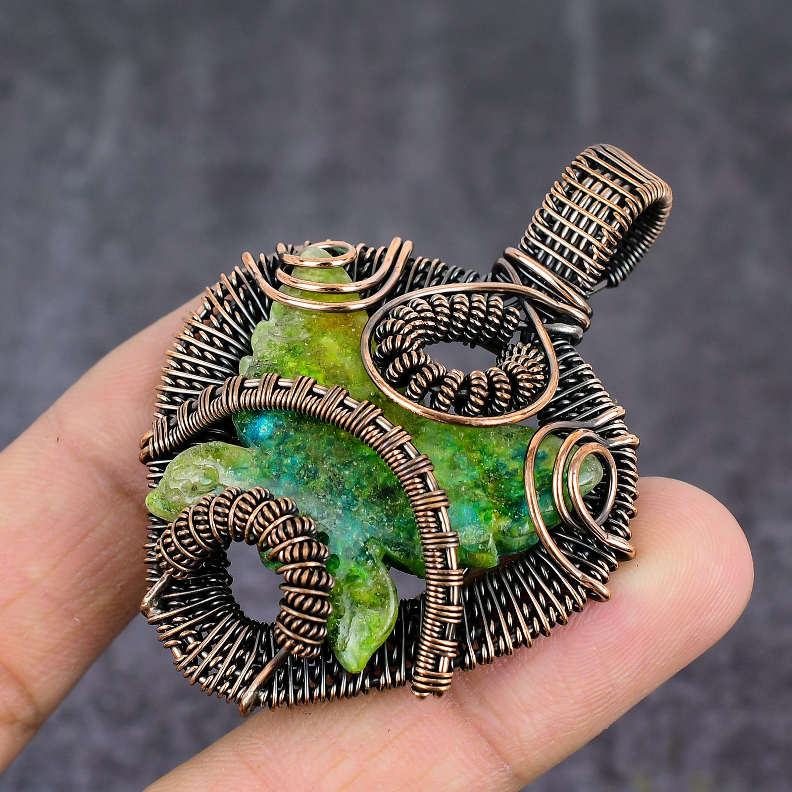 Swiss Green Opal Gemstone Copper Wire Wrap Jewelry Pendant 2.48″ Gift for Her B5