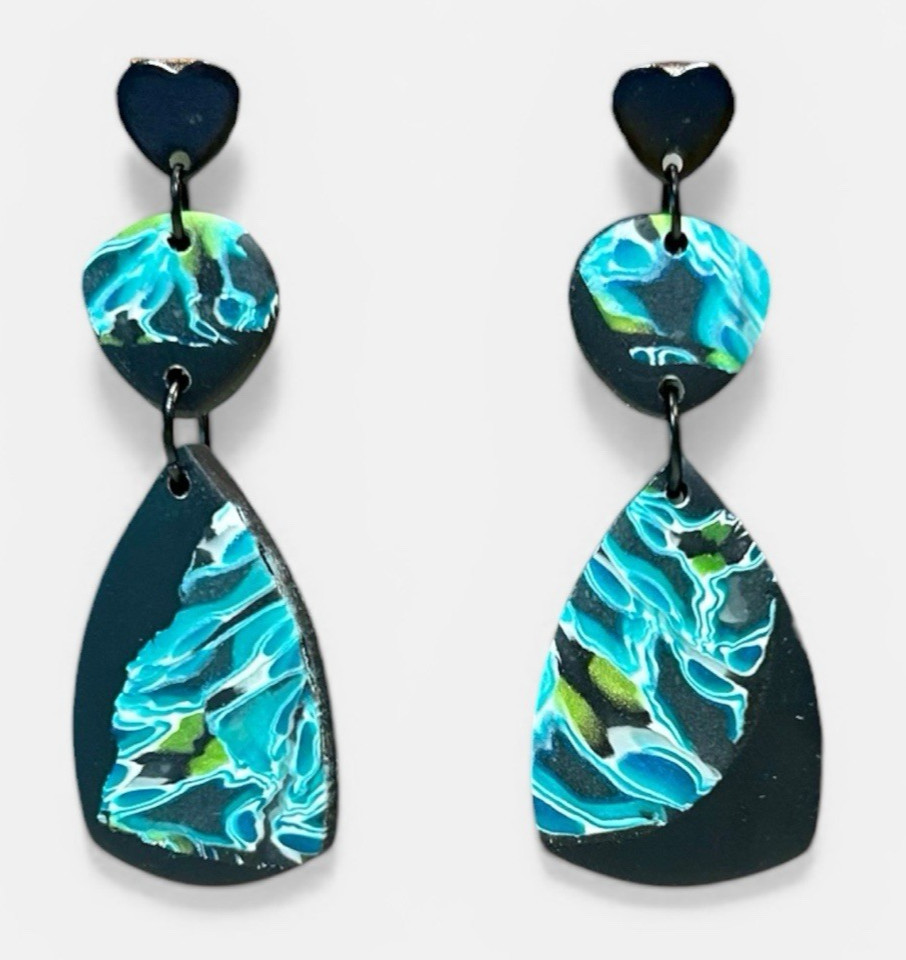 Handmade Black, Blue & Green Large Polymer Clay Dangle Earrings Stainless Posts