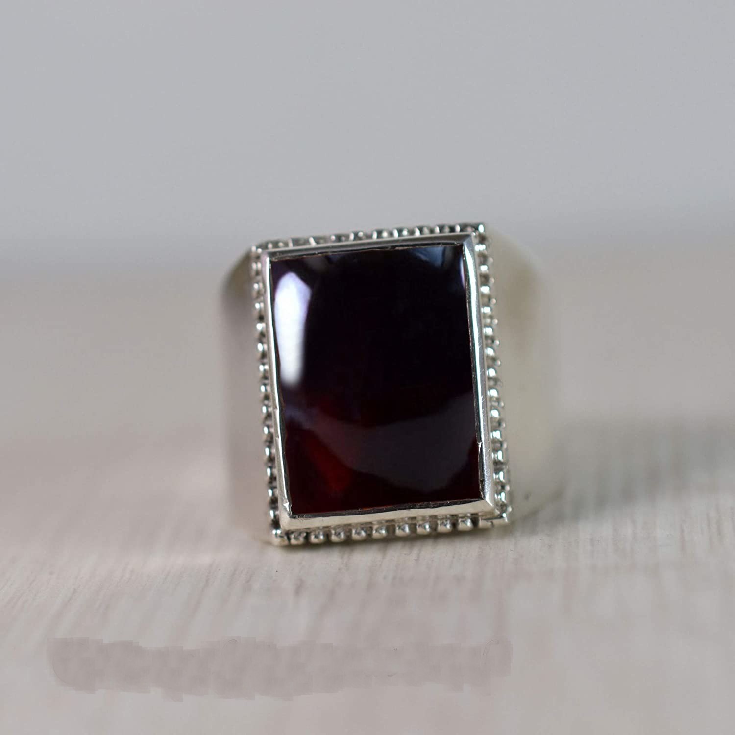 Solid 925 Sterling Silver Red Garnet Rectangle Gemstone Gift Men’s Unisex Ring