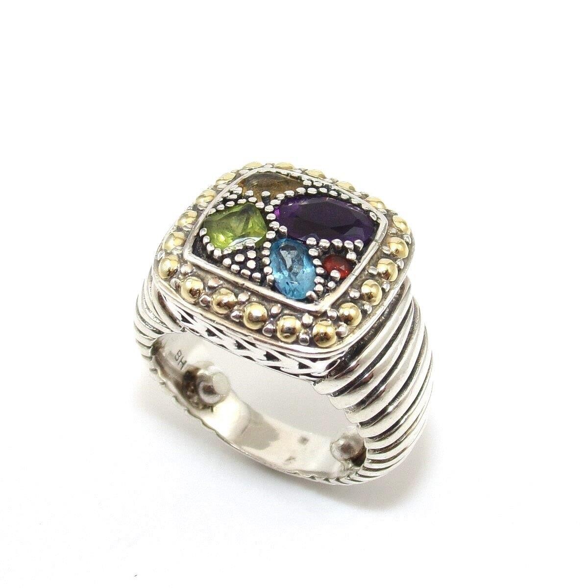 Effy Balissima Sterling Silver 18K Yellow Gold Multi Gemstone Ring Size 4.5