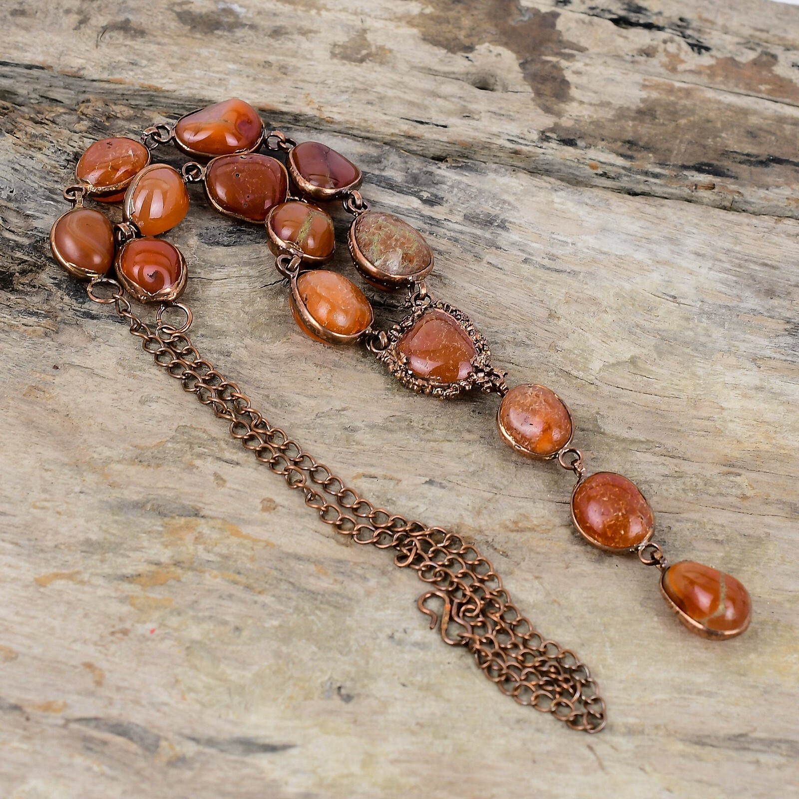 Carnelian Electroformed Chain Adjustable Necklace Handcrafted Copper Gift 18.0″