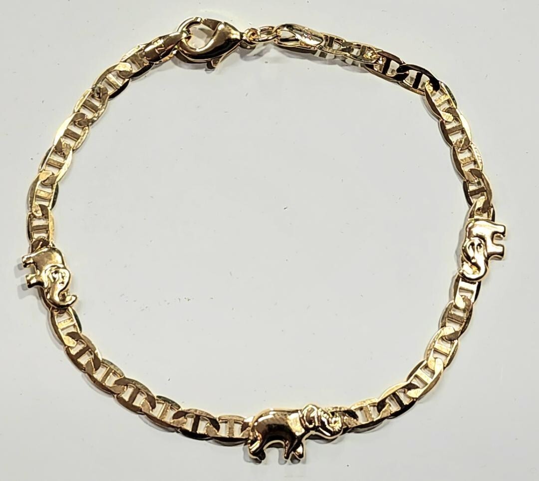 14k Gold Filled Elephant Bracelet with Flat Mariner Link 7.5 inch # 1