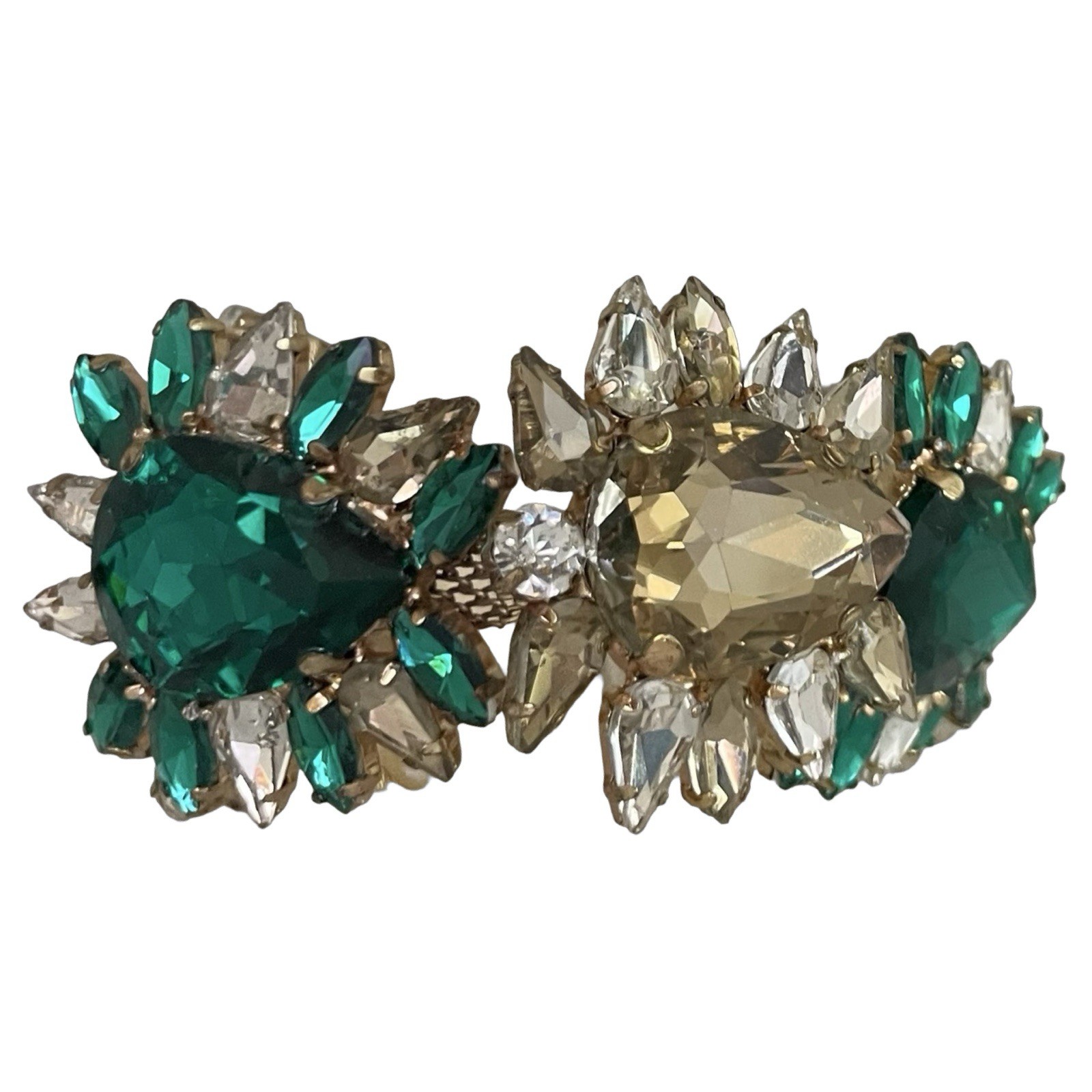 Vtg Rhinestone Bracelet Green Yellow White Gold Stunning Large Design 8” Adj