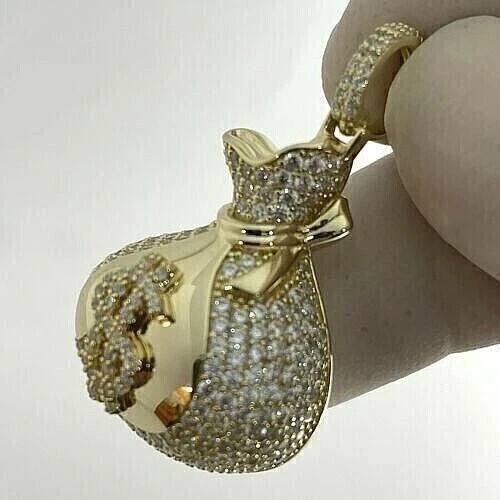 2Ct Lab Created Moissanite Round Money Bag Pendant Real 10K Yellow Gold Chain