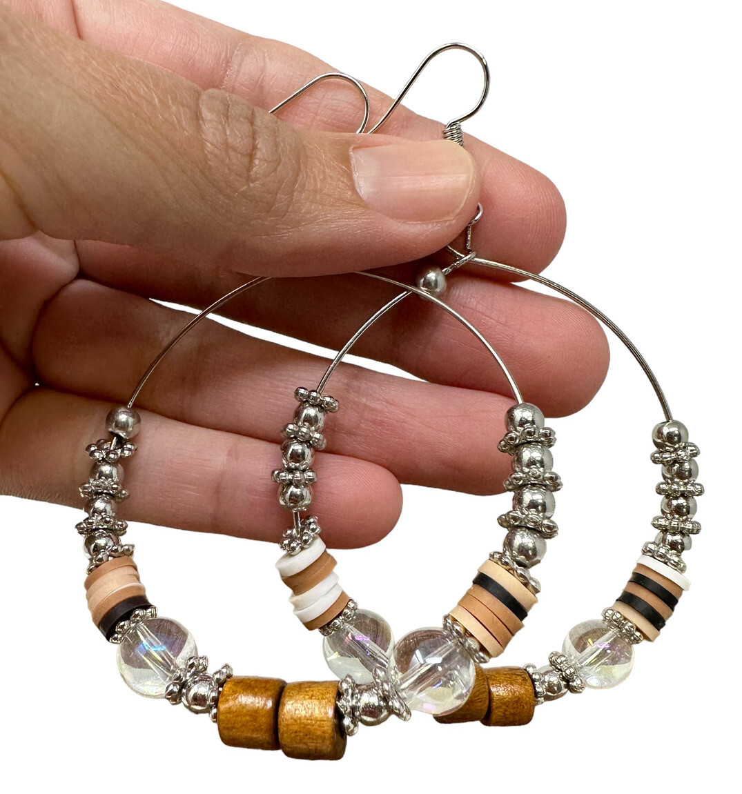Silver tone boho hoop earrings handmade with wire and beads bohemian earrings