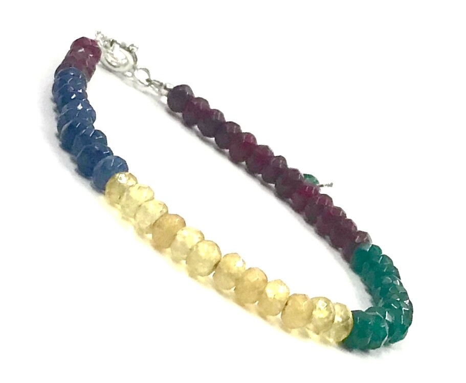 Genuine Multi Sapphire Ruby Emerald Natural Color 925 Silver Handmade Bracelet