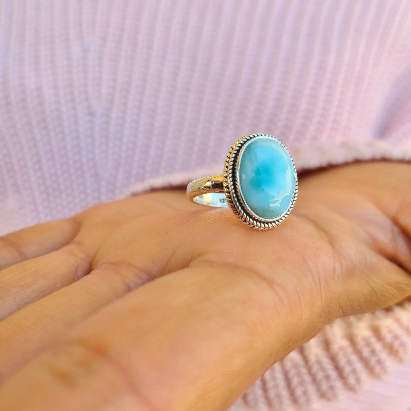 Genuine Larimar Ring 925 Sterling Silver Statement Ring Hand Made Ships From USA