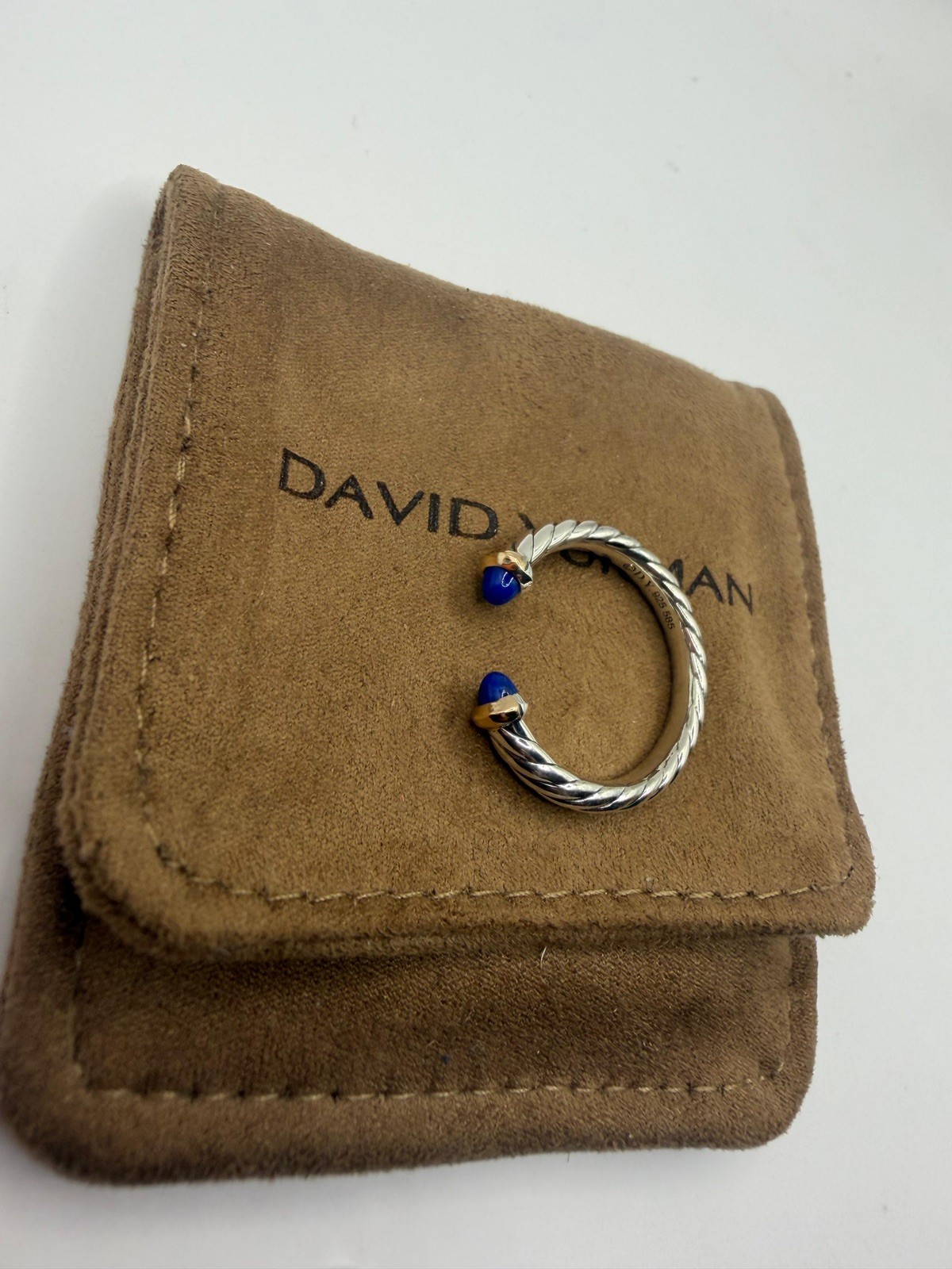 David Yurman Sterling Silver Petite Cable Open Ring W/ 14k Gold & Lapis Size 7