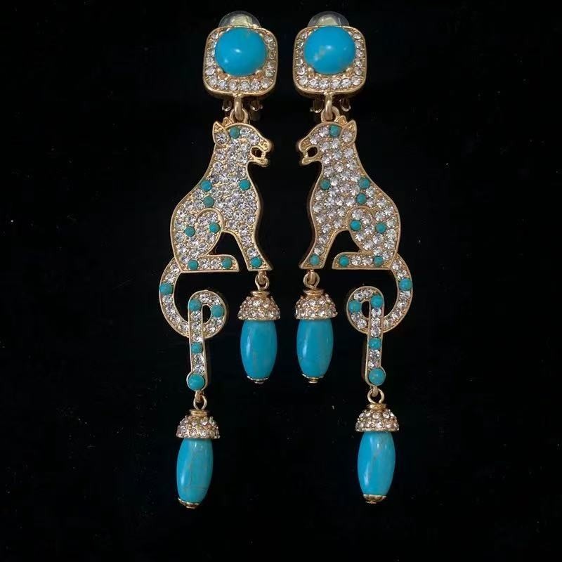 Vintage Gold Leopard Clip On Earrings Turquoise Drop Statement Long Dangle