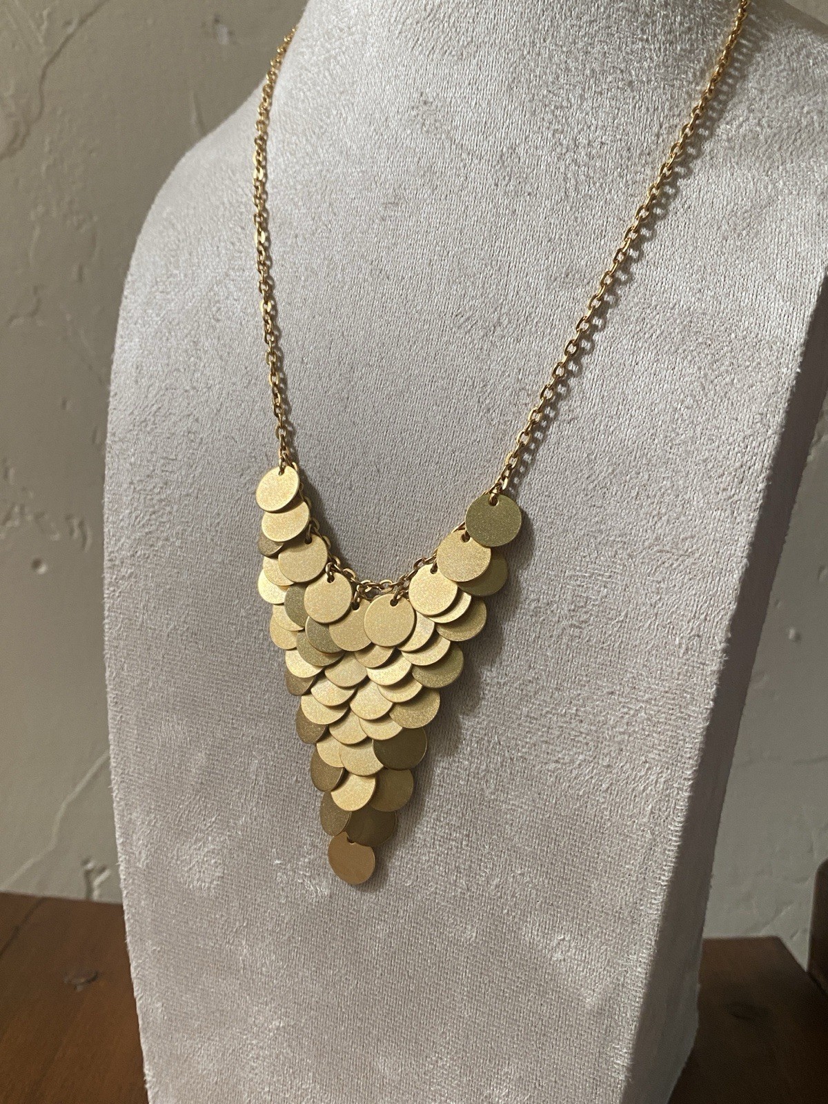 Matte Gold Disc Statement Bib Necklace Cascade Paillette Fringe Modern 16-19”
