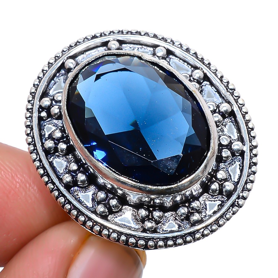Madagascar Blue Sapphire (Lab-Created) Gemstone 925 Silver Plated Ring s.8.5 S24