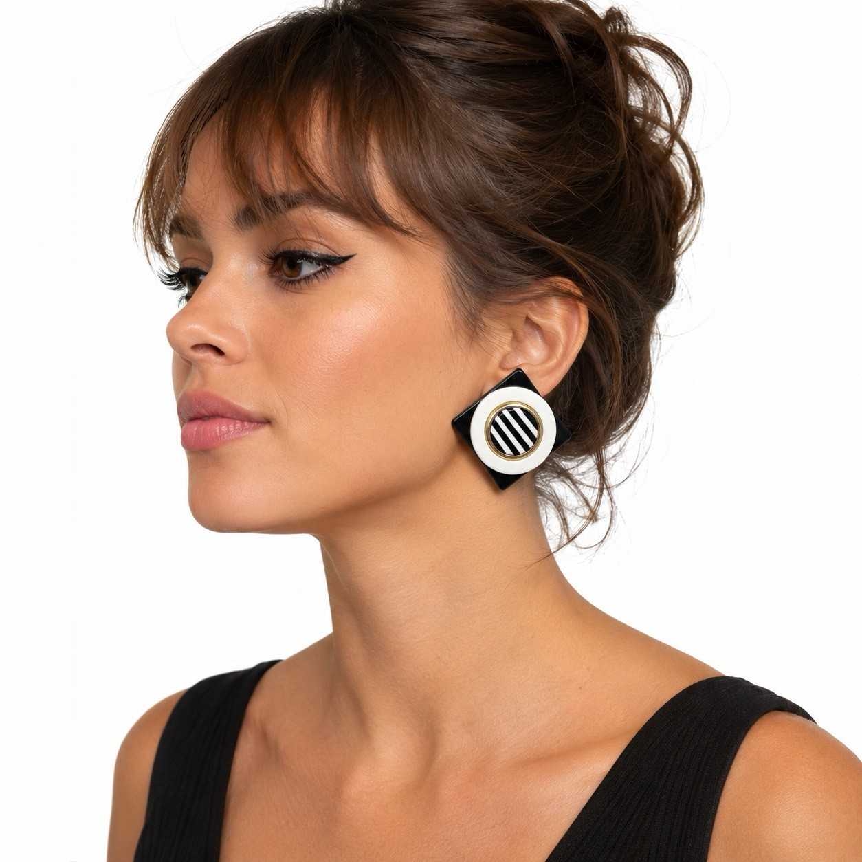 Ardene Earrings Black White Striped Geometric Studs Retro 80s Style NWT
