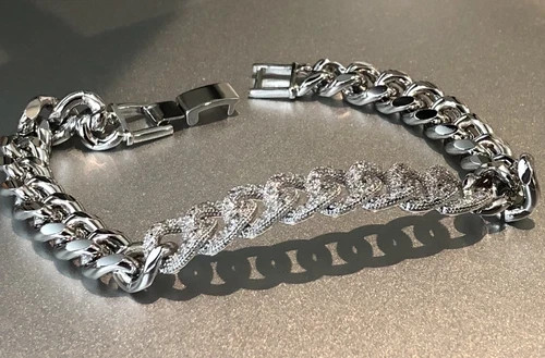 18K White Gold Filled Cuban Link Chain Bracelet made Simulated Diamond 7”