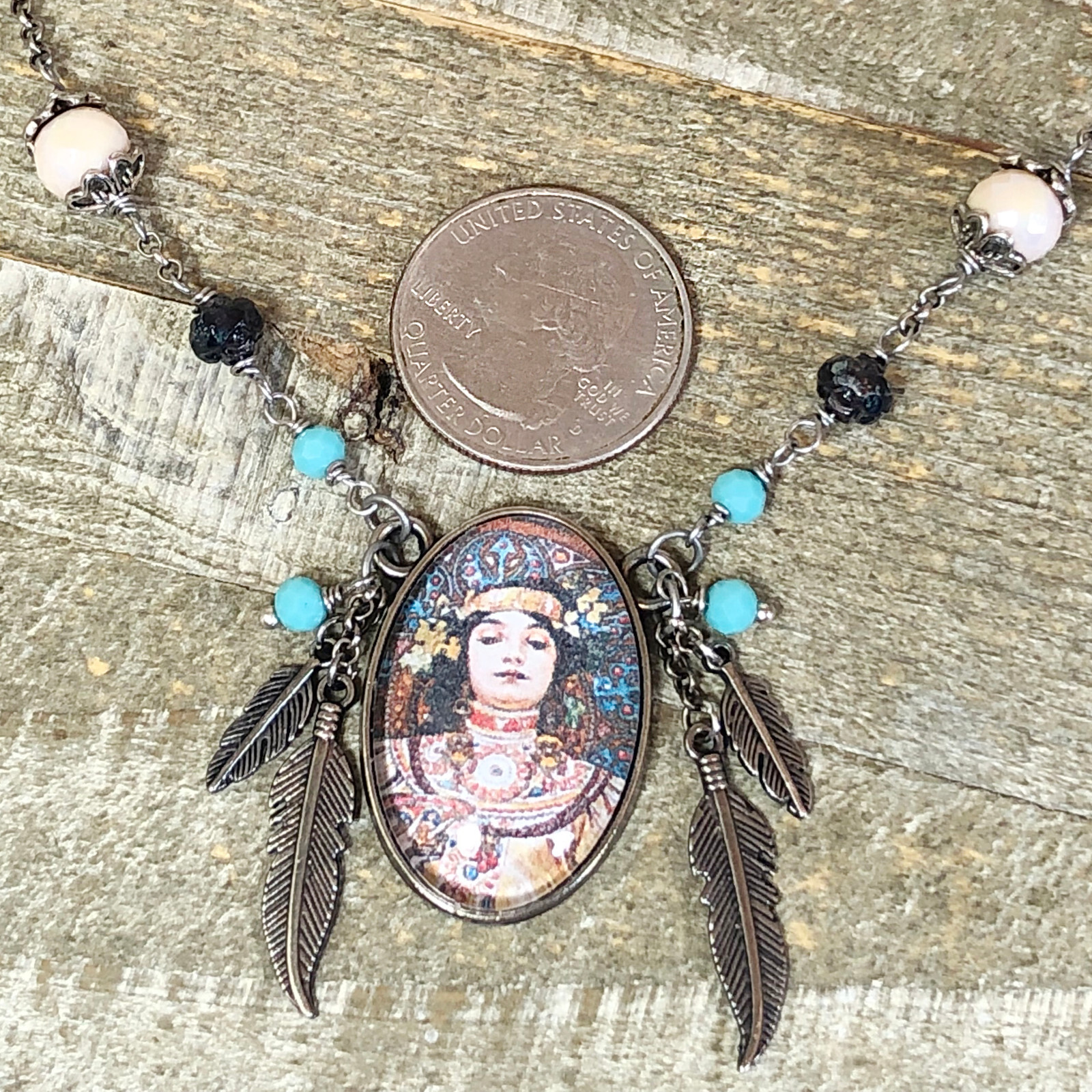 Alphonse Mucha Art Nouveau Glass Cabochon with Silver Feathers