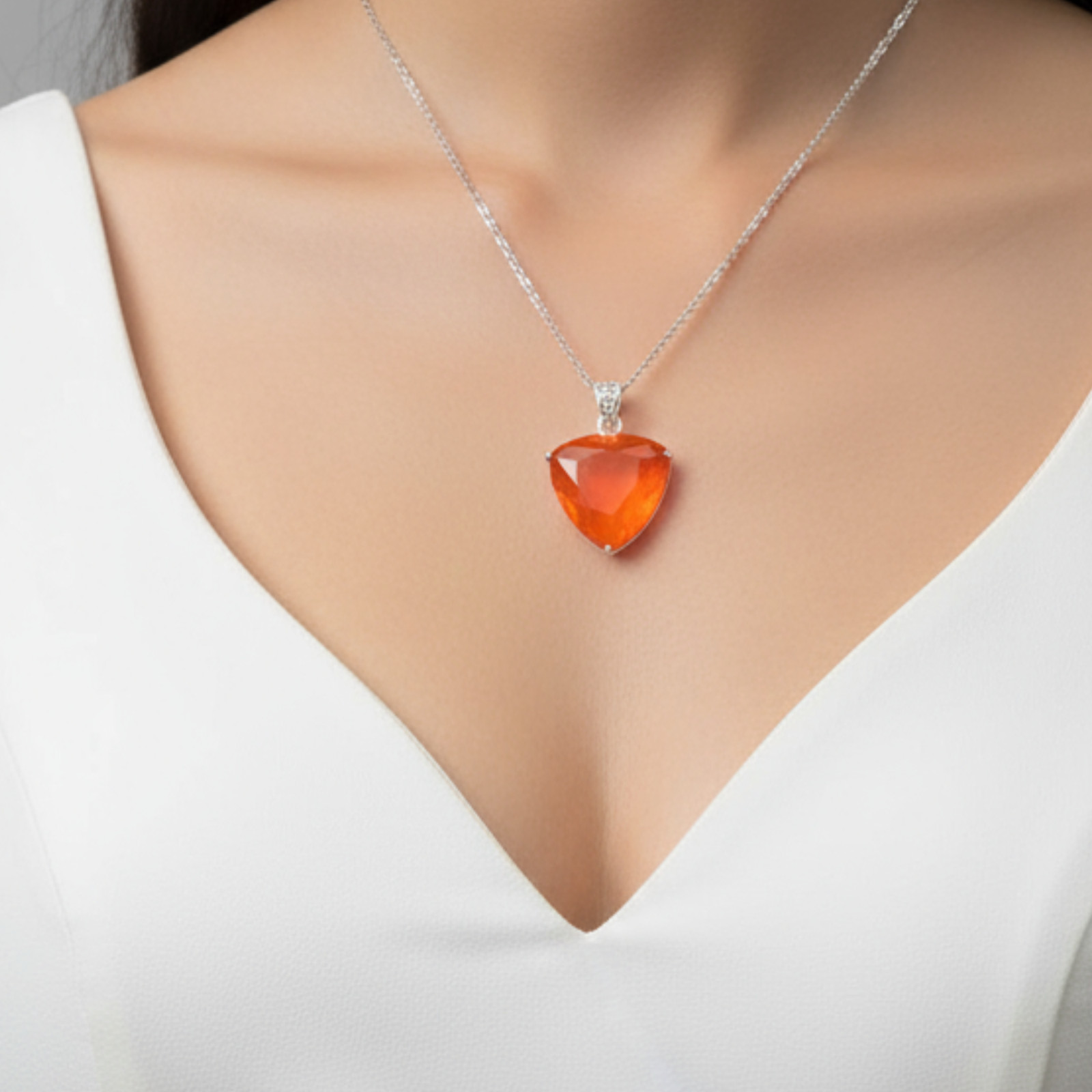 Handmade Trillion Cut Orange Opal Pendant with Free Silver Chain | 70-80 Carats
