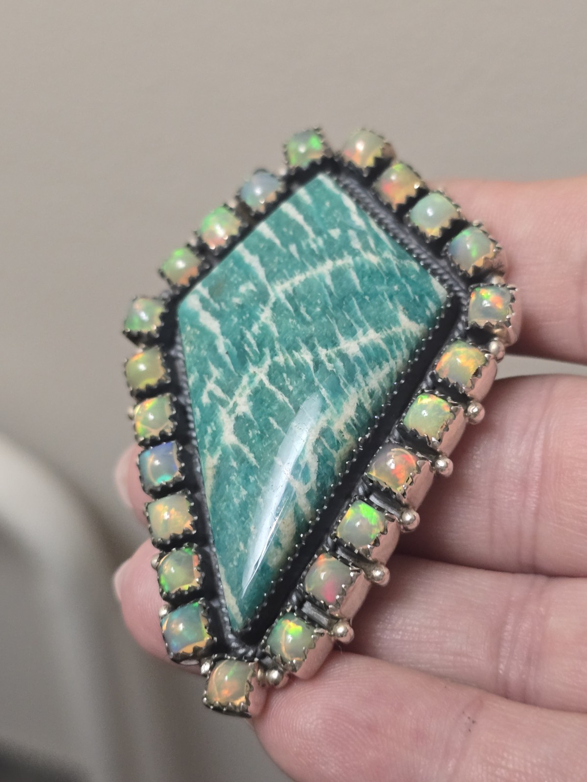 Massive Amazonite & Opal Gemstone Sterling Silver Adjustable Kite Ring