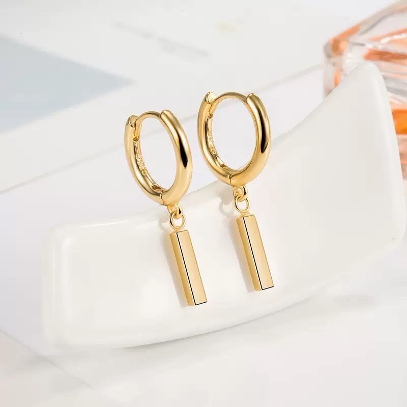 925 Silver Dangle Bar Huggie Hoop Earrings Dainty 11mm Small Drop Earrings 052