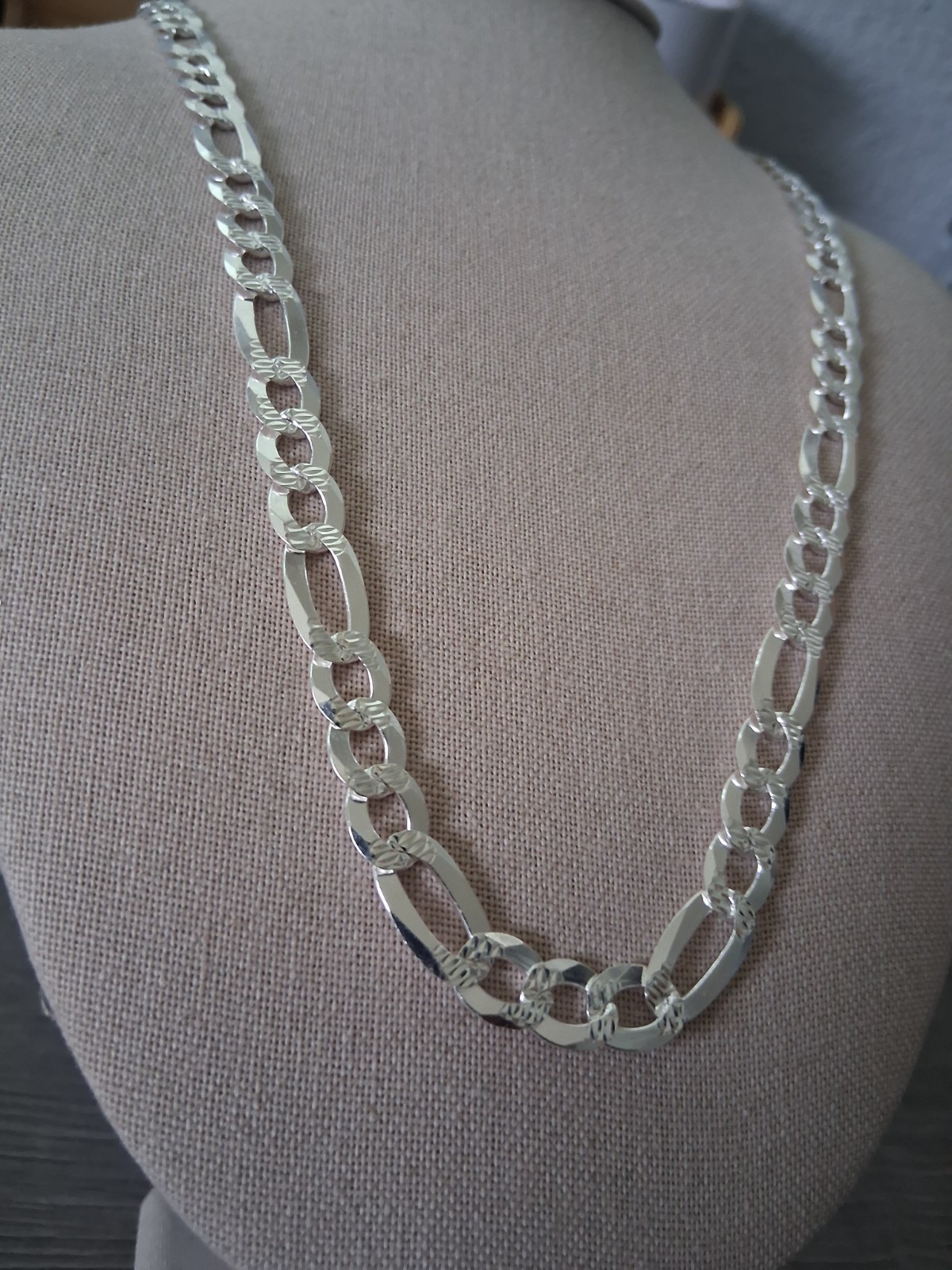 cadena stilo figaro plata 925 corte diamante 24″ larga 7.8mm anchor,