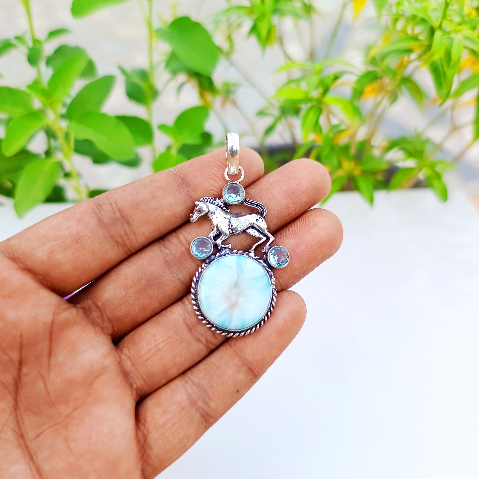 Larimar Gemstone Pendant 925 Sterling Silver Handmade Horse Jewelry 2.16″