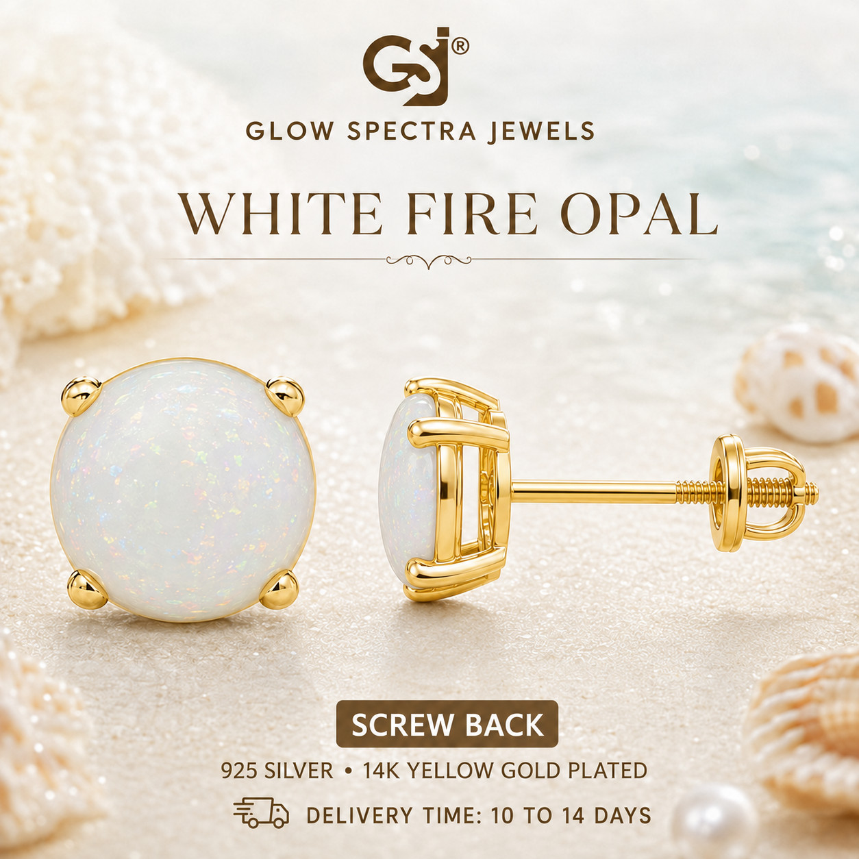 2CT Solitaire Lab Created Fir Opal Stud Erring Screw Back 14k Yellow Gold Plated