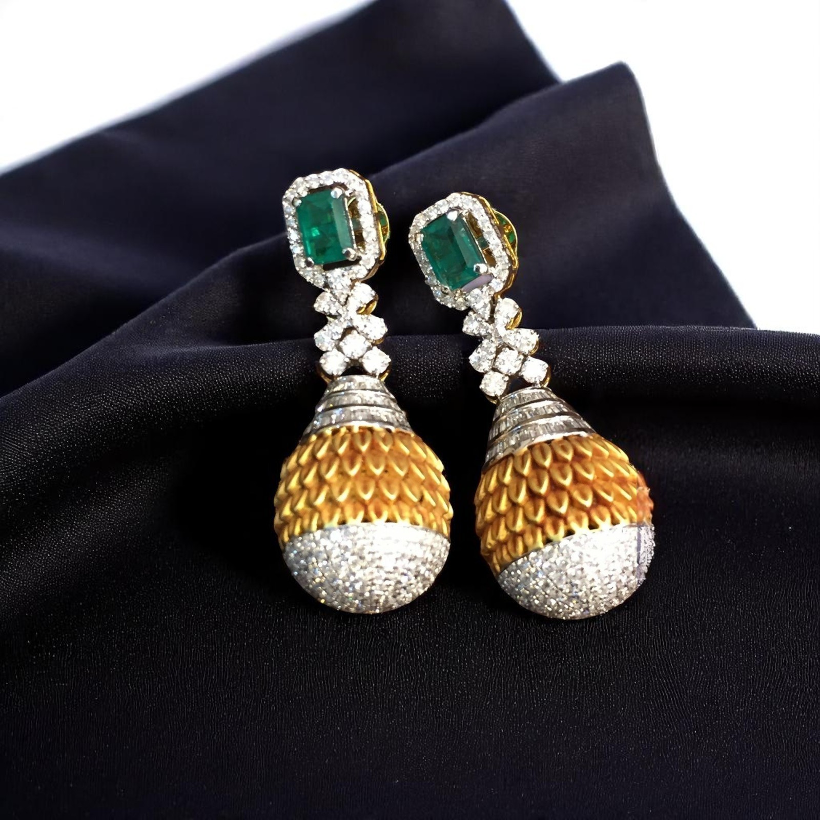 Elegant 6.30 Cts Round Baguette Shape Diamond Emerald Dangle Earrings 14K Gold
