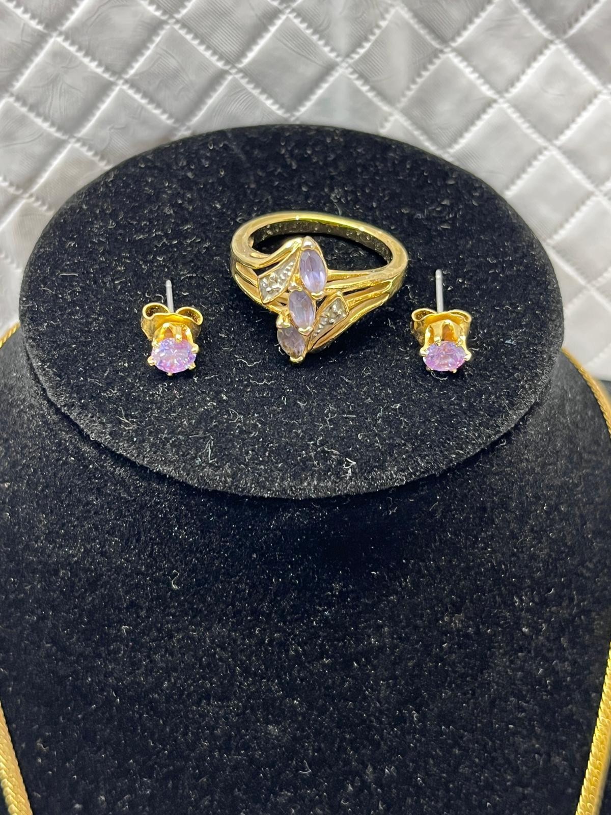 Costume Jewelry Set Gold Purple Necklace Ring Earrings