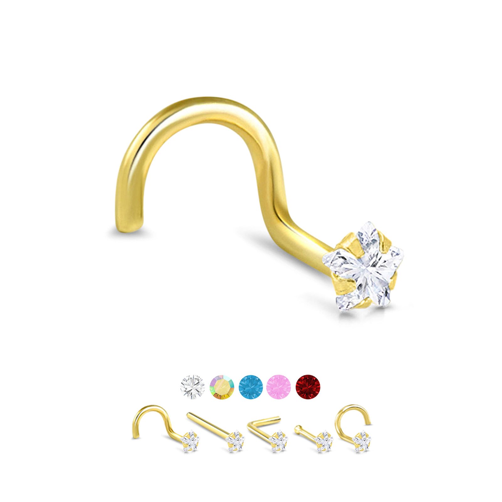 Solid 14K Yellow Gold Nose Stud Ring 3mm Star CZ 18G 20G 22G