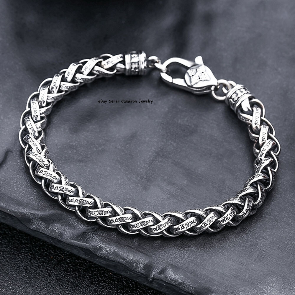 Pure S925 Sterling Silver Chain 7mm Six Words Wheat Link Bracelet 7.1-7.9inch