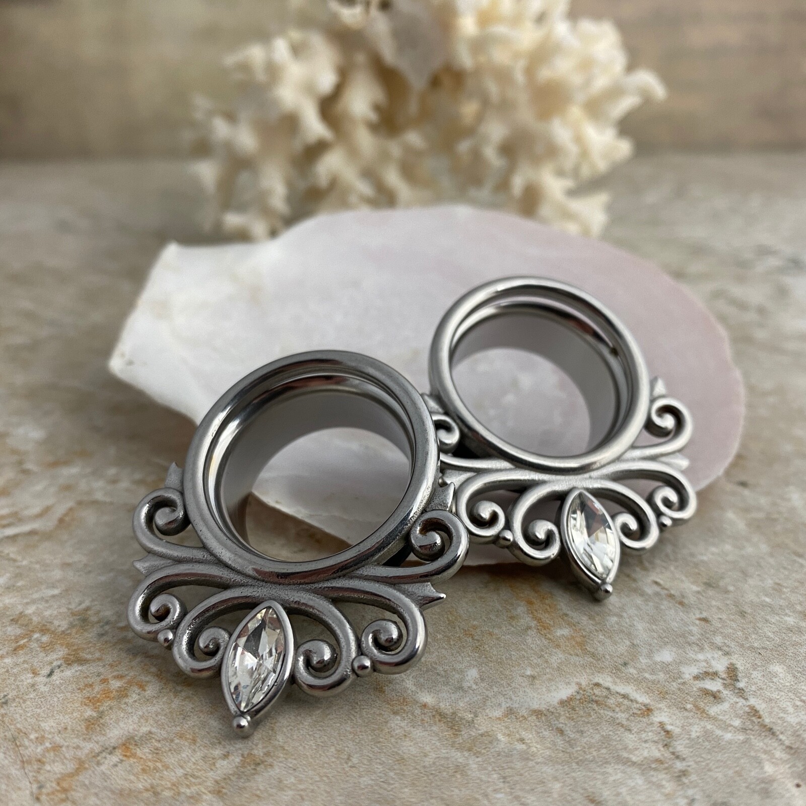 316L Stainless Steel Single Flare Tunnels with Filigree and CZ (PS-280)