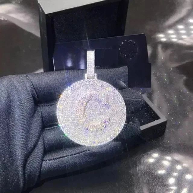 4 CT Natural Moissanite Customized Letter “C” Circle Pendant 925 Sterling Silver