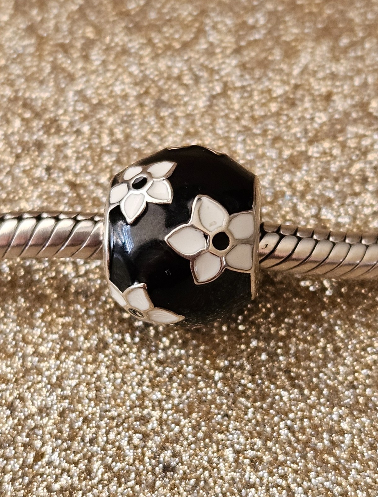 Authentic Pandora Silver Mystic Flower Black and White Enamel Charm