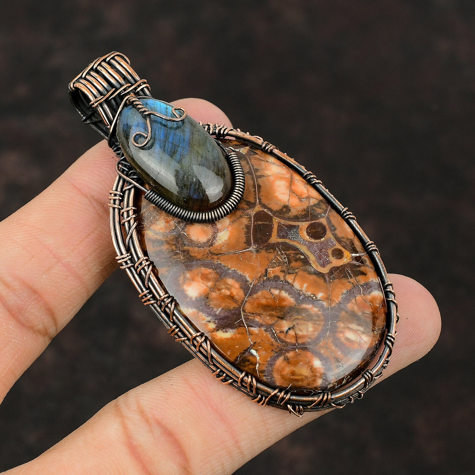 Birds Eye Jasper Gemstone Jewelry Copper Friend Gift Wire Wrapped Pendant 2.99″